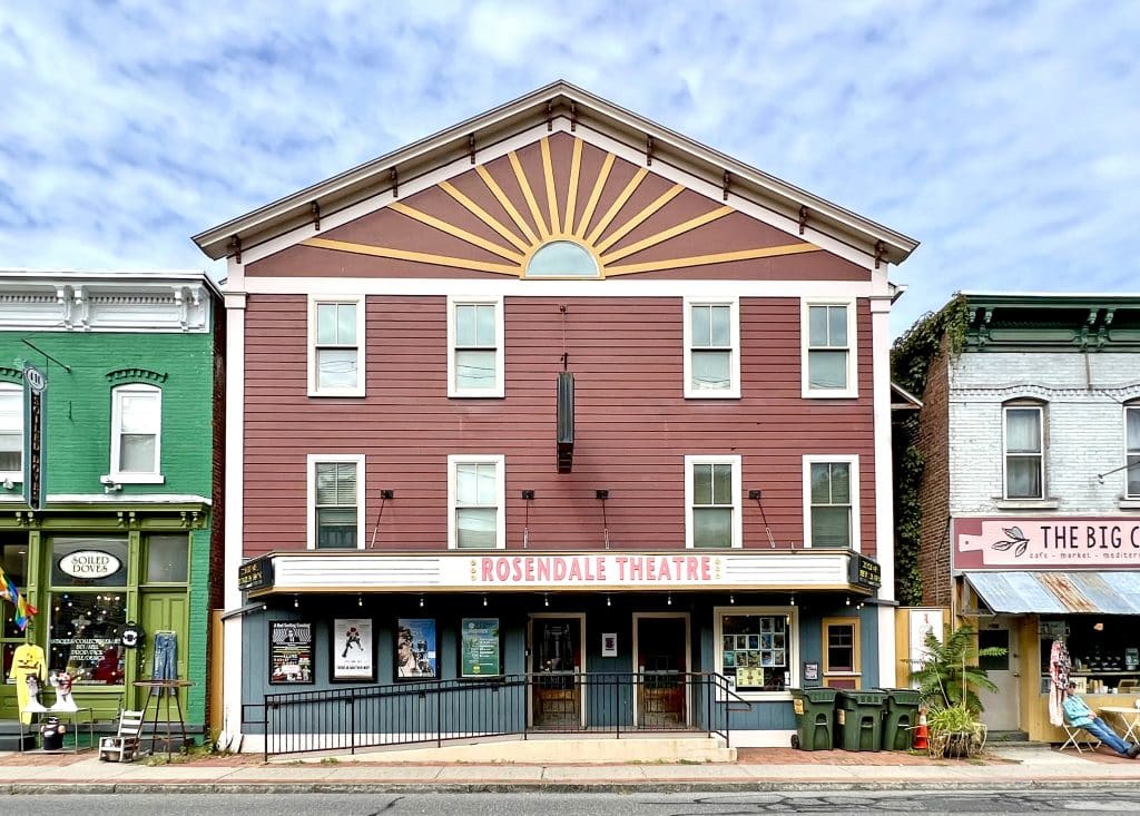 The Rosendale Theatre now, featuring the sunburst design at the gable.