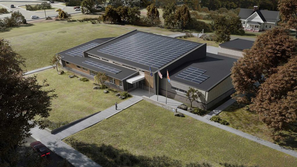 Top view of Ulster County Communications Center with solar panels.